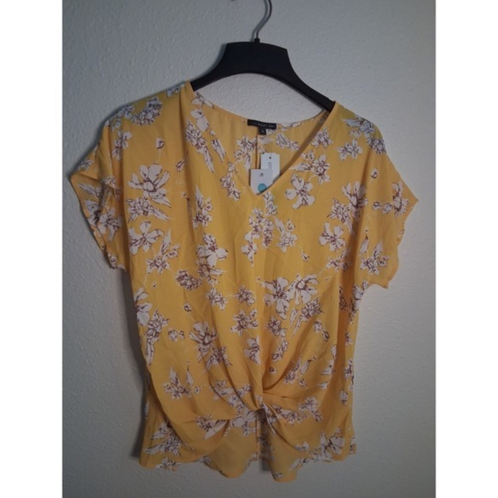 West Kei Yellow Floral V-Neck Twist Front Short Sleeve Blouse Top Small TU39004S - Picture 2 of 8